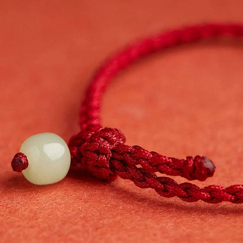 Round Peace Buckle Jade Lotus Happiness Abundance Wealth String Bracelet