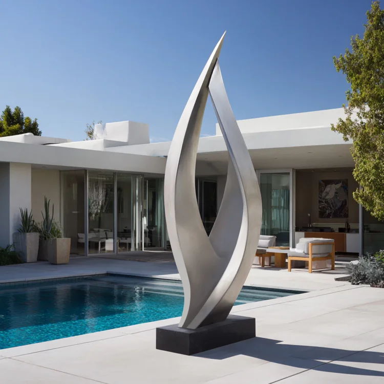 Aurora Flame &ndash;Brushed Stainless Steel Modern Abstract Sculpture for Poolsides & Luxury Villas