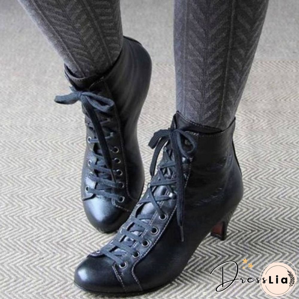 New Fashion Victorian Round Toe Leather Boots for Women Rustic Booties Steampunk Lace Up Low Heel Boots Vintage Ankle Boots Jeans Boots