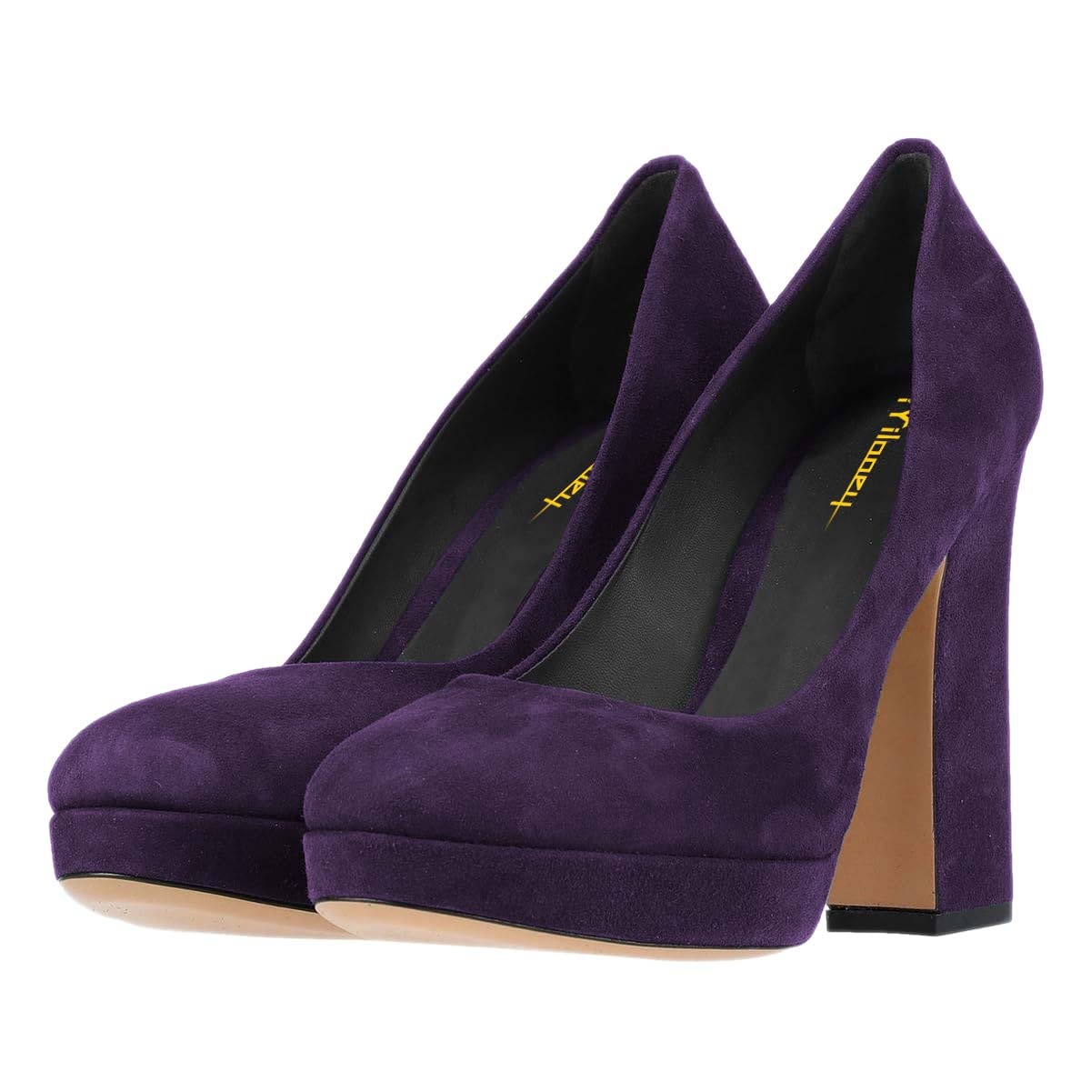 Dark Purple Vegan Suede Round Toe Chunky Heel Platform Pumps Shoes Nicepairs