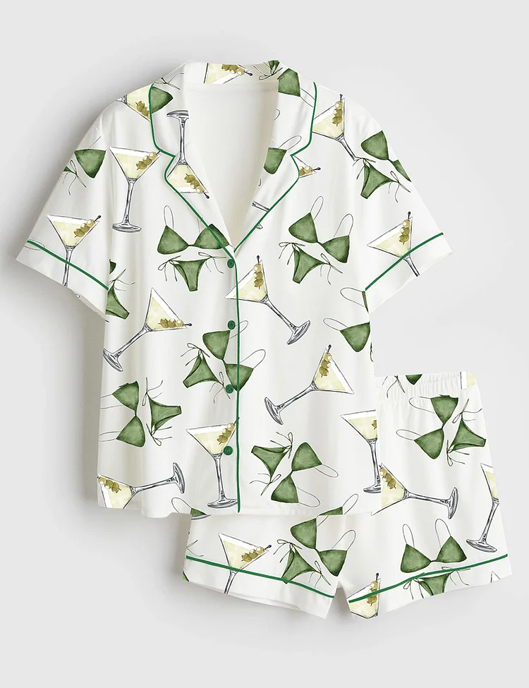 Women&rsquo;s Bikinis And Martinis Cocktail Bachelorette Party Birthday Short Sleeve Satin Pajama Set