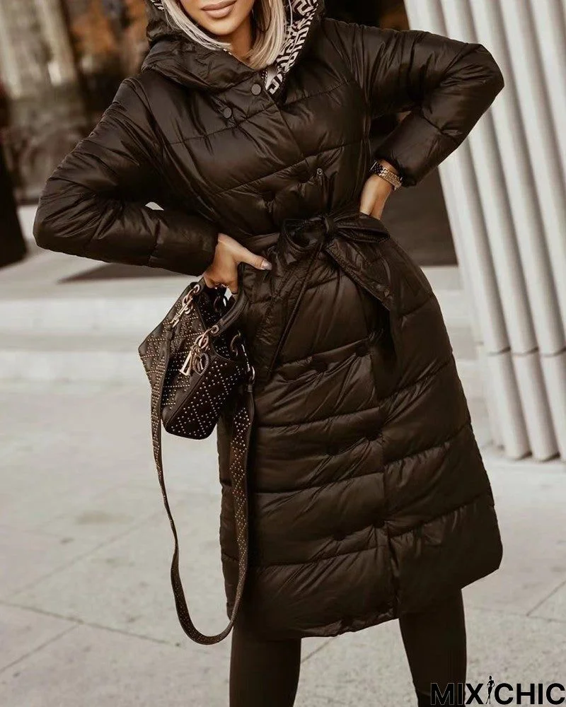 Long Sleeve Buttoned Puffer Coat with Belt