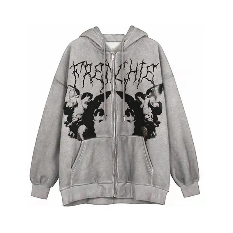 Xingqing Women Full Zip Hoodies Fashion Portrait Print Long Sleeve Loose Sweatshirt Tops Y2K Aesthetic Ladies Clothes Streetwear