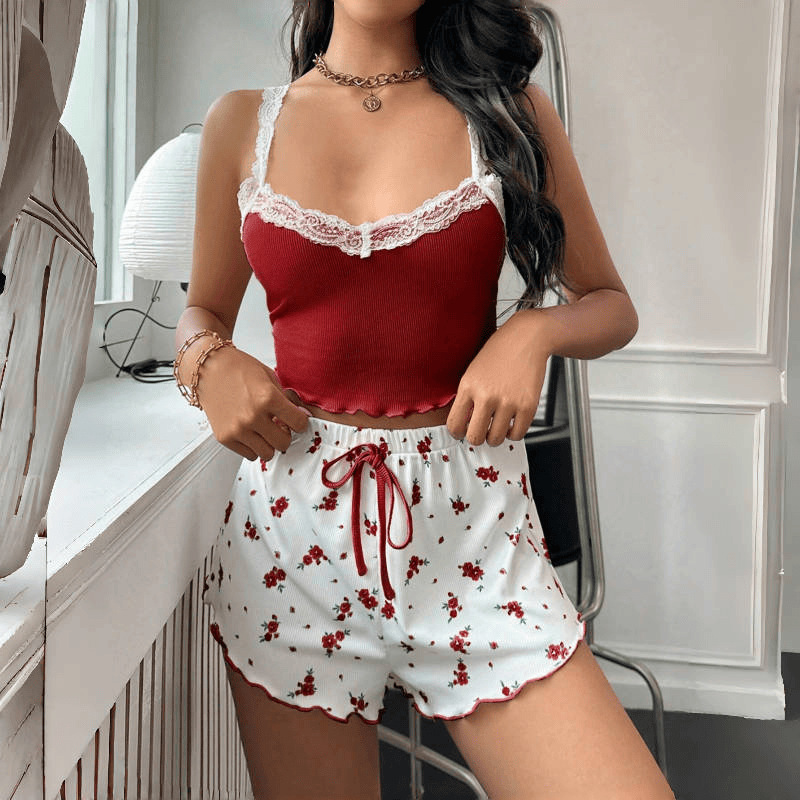 Ladies' Home Wear Lace Suspender Shorts Suit Floral Comfortable Elastic Home Leisure