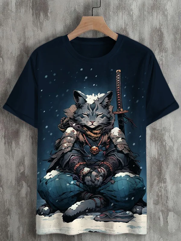 Men's Cat Saber Warrior Meditation Snow Art Print T-Shirt