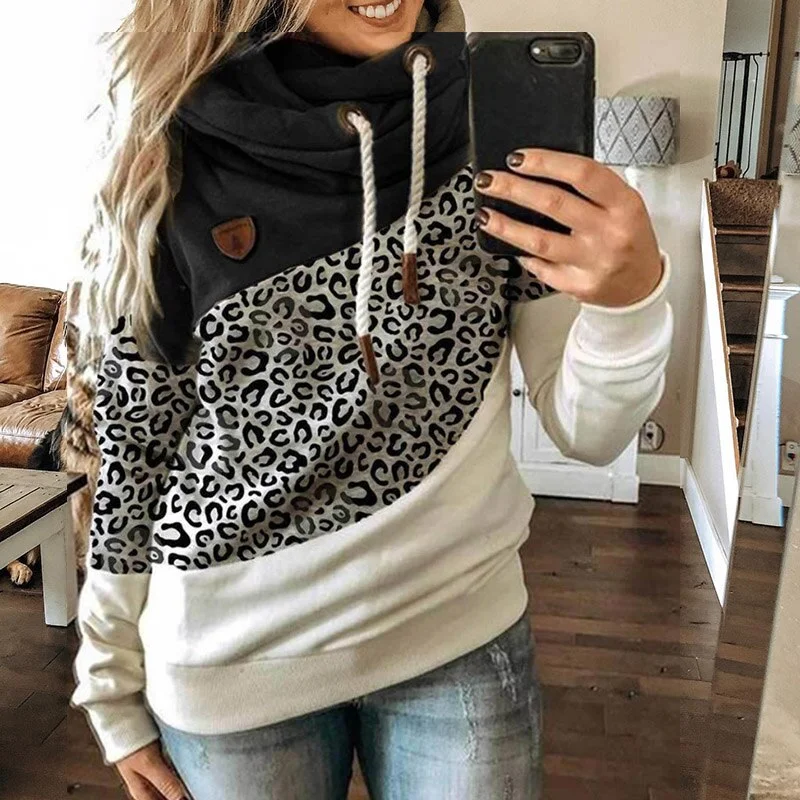 Women Turtleneck Hoodies Winter Fashion Drawstring Long Sleeve Hooded Sweatshirts Casual Leopard Print Female Pullovers Tops