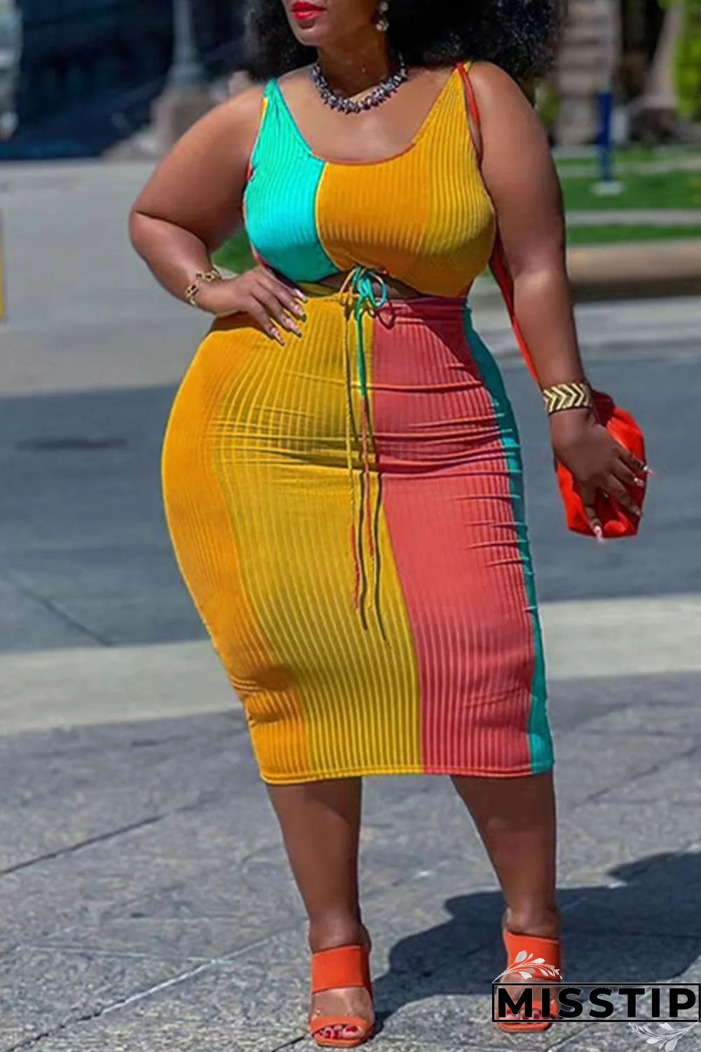 Fluorescent Green Casual Print Patchwork U Neck Plus Size Two Pieces