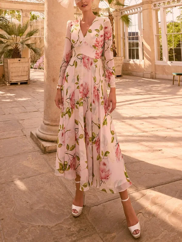 V-Neck Print Midi Dress