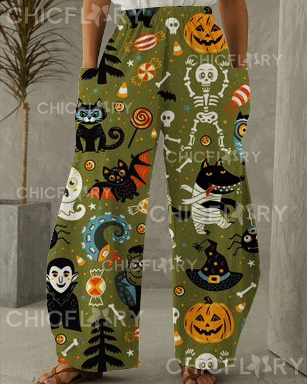 Women's Halloween Pumpkin Print Loose Pants
