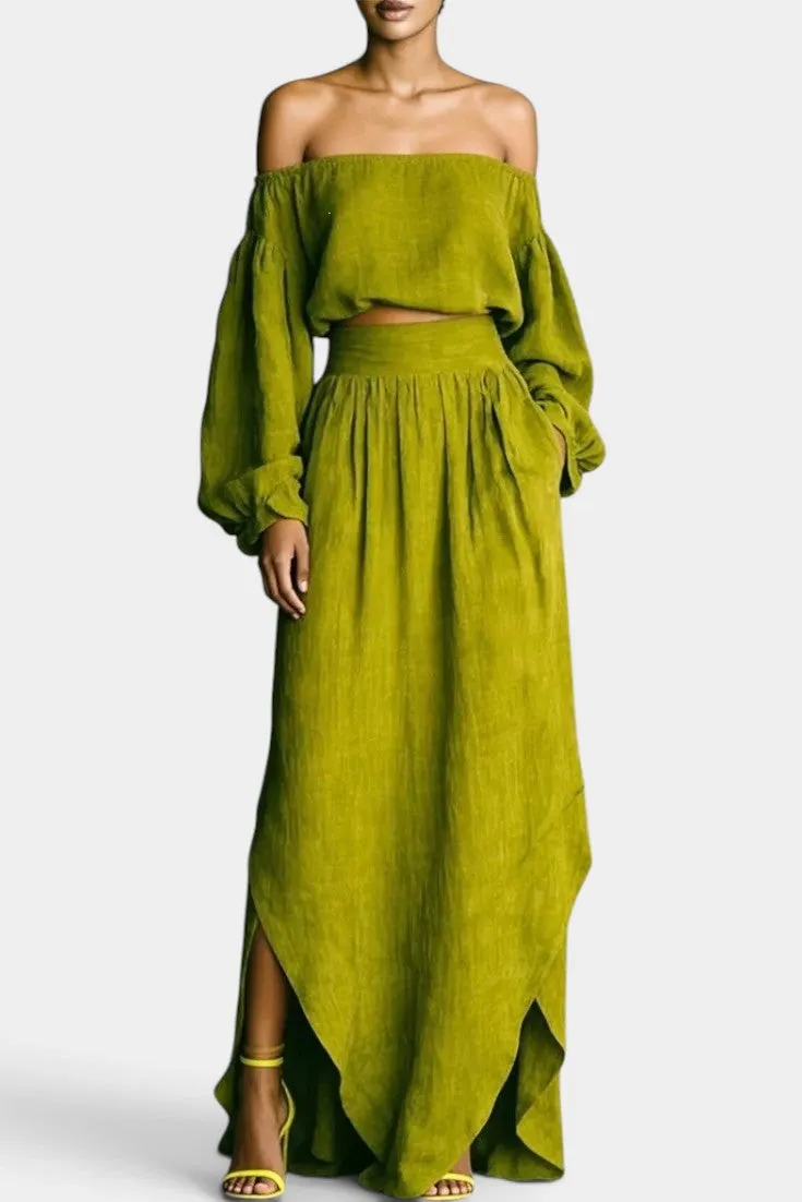 Off-Shoulder Crop Top with Pleated Maxi Skirt