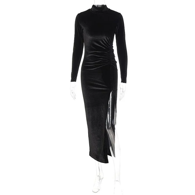 Promsstyle Fashion high-neck long-sleeved pleated split evening dress Prom Dress 2023