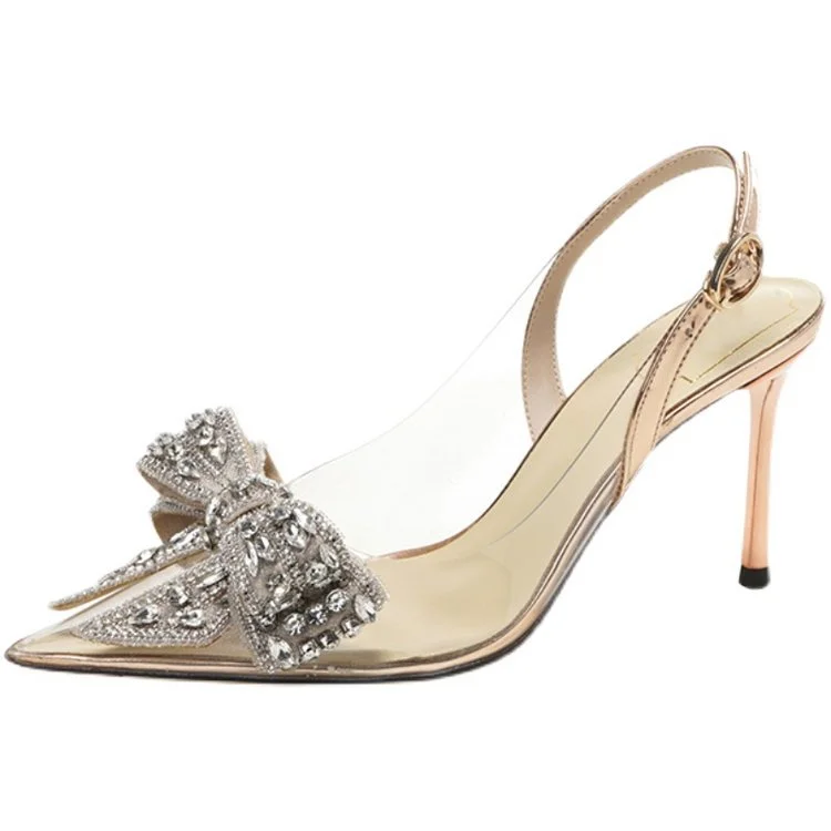 Yyvonne New Korean Version Of The Fashion Transparent High Heel Tip One By One With A Diamond Bow Sandals Woman