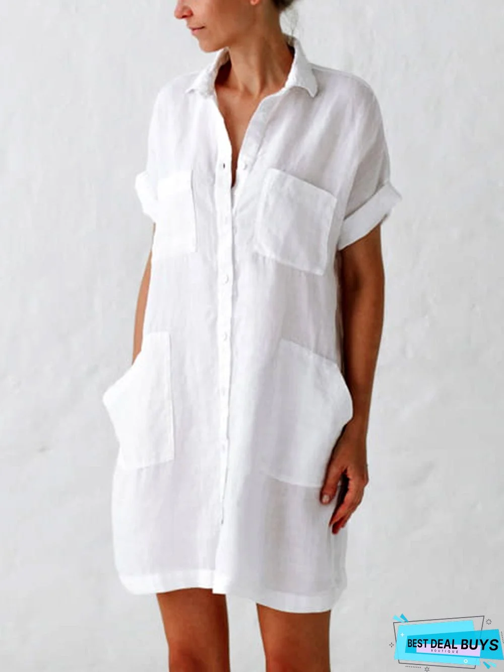 Plus Size Women Solid V Neck Cotton Short Sleeveless Loose Casual Shirt Weaving Dress