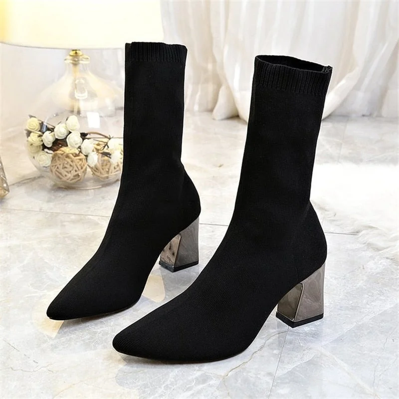 Women Black Ankle Sock Boots 2020 Fashion Spring Autumn Stretch Boots Chunky High Heels Pointed Toe Women Shoes 1218