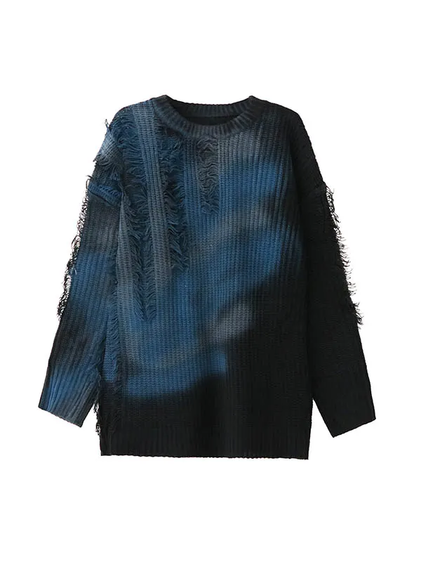Abstract Printed Asymmetric Contrast Color Split-Joint Tasseled Irregularity Long Sleeves Round-Neck Sweater Tops