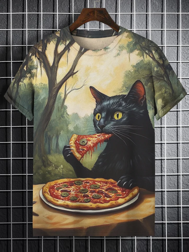 Men's Forest Black Cat Eating Pizza Art Print Casual T-Shirt