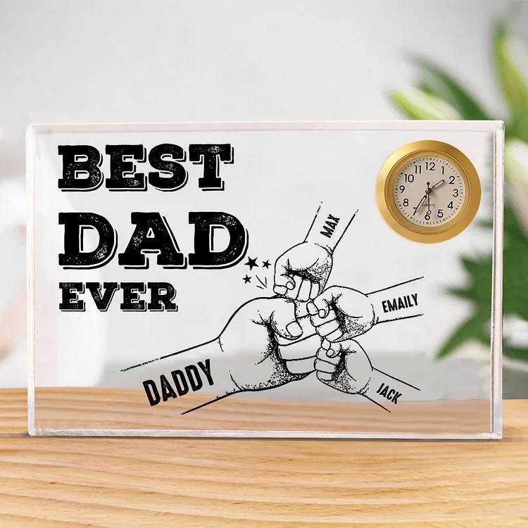 4 Names - Personalized Fist Bump Pattern Custom Name Acrylic Rectangular Clock Ornament Father's Day Gift