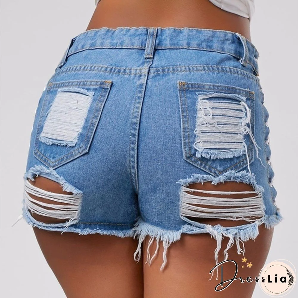 Sexy Summer Women Denim Shorts Blue High Waist Ripped Short Jeans Femme Tassel Lace Up Bandage Shorts