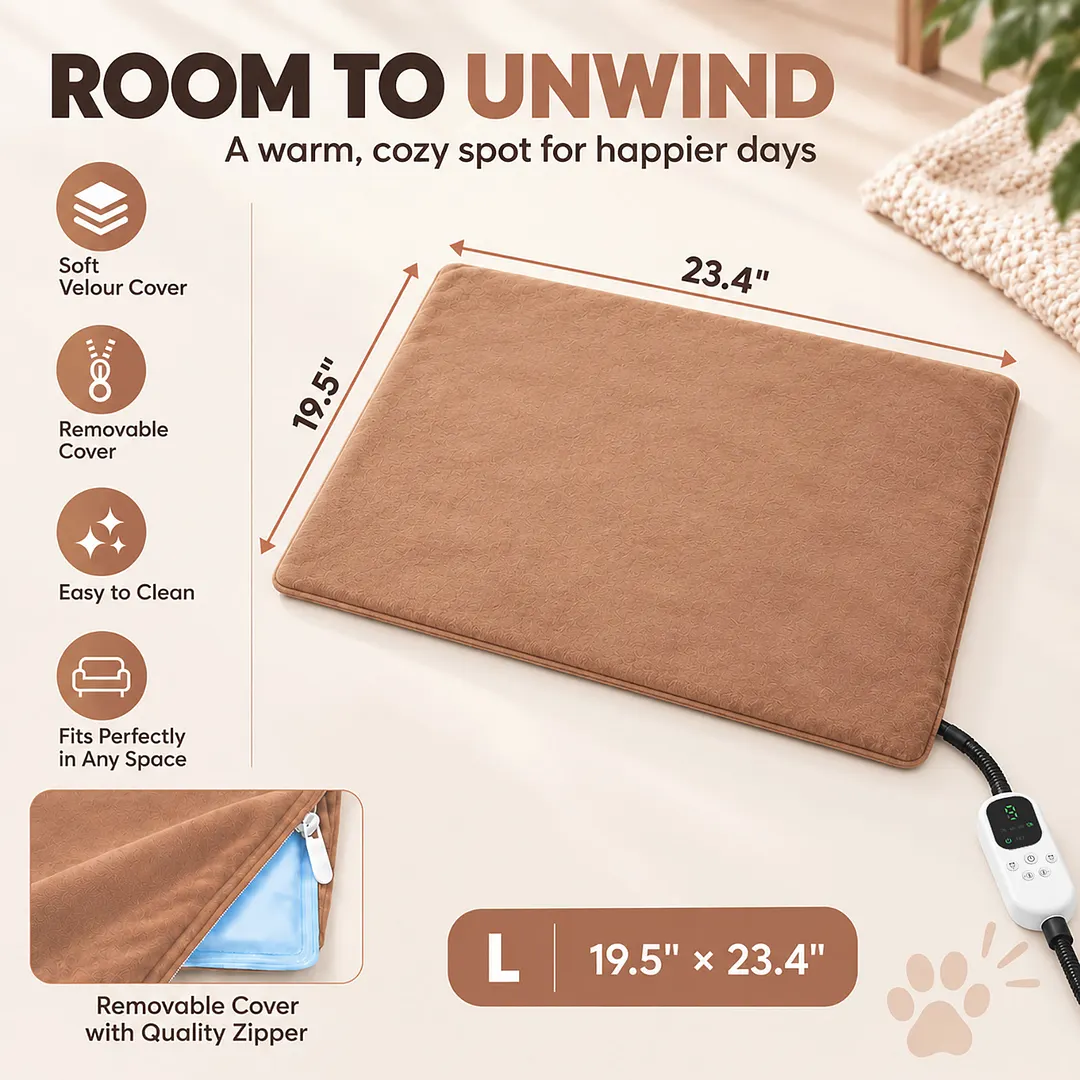 BEBANG Cat Heating Pad, 15.6" x 19.5", 9 Adjustable Temperature Settings, 2-12H Timer, Washable Cover for Indoor Use