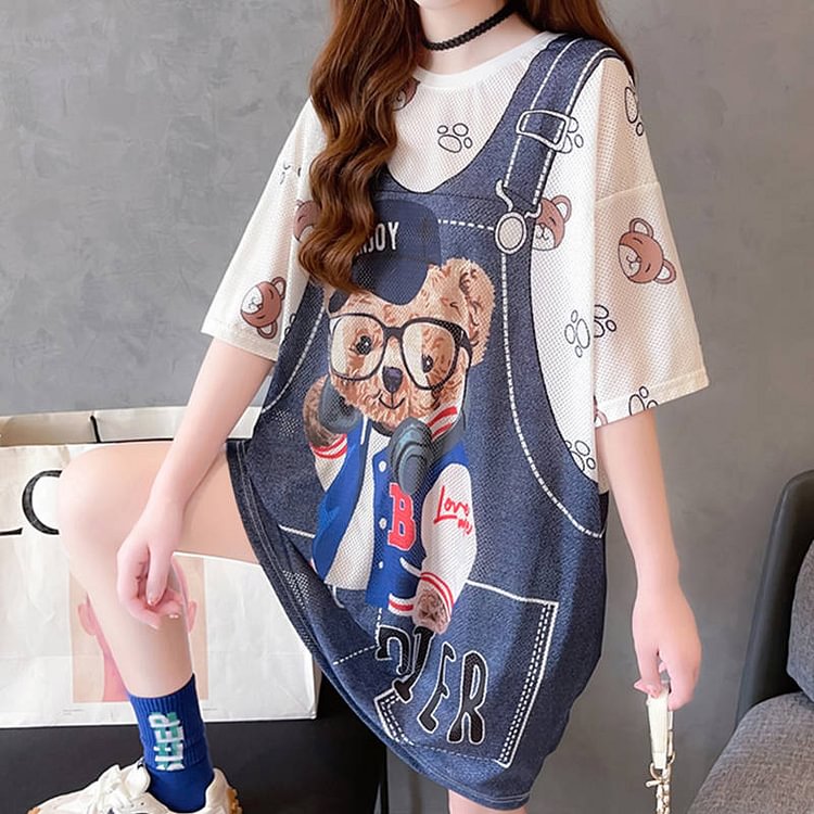 Cartoon Bear Print Loose T-Shirt - Modakawa Modakawa