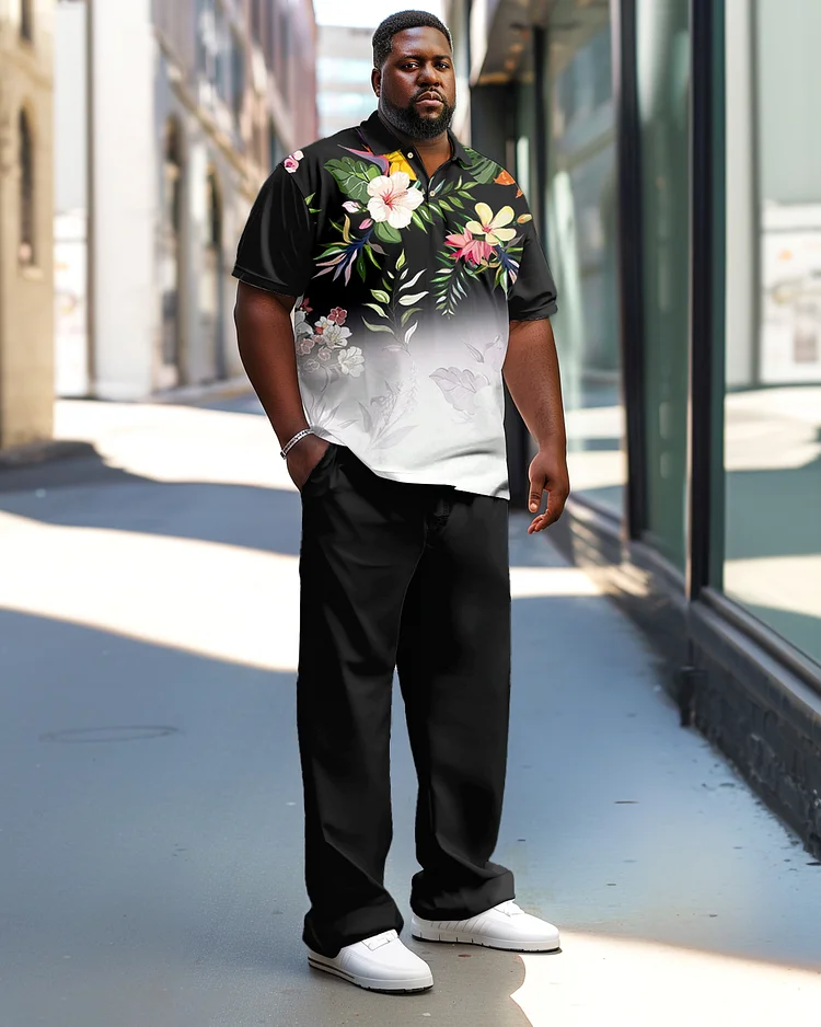 Men's Plus Size Simple Gradient Flower Polo Shirt Trousers Suit