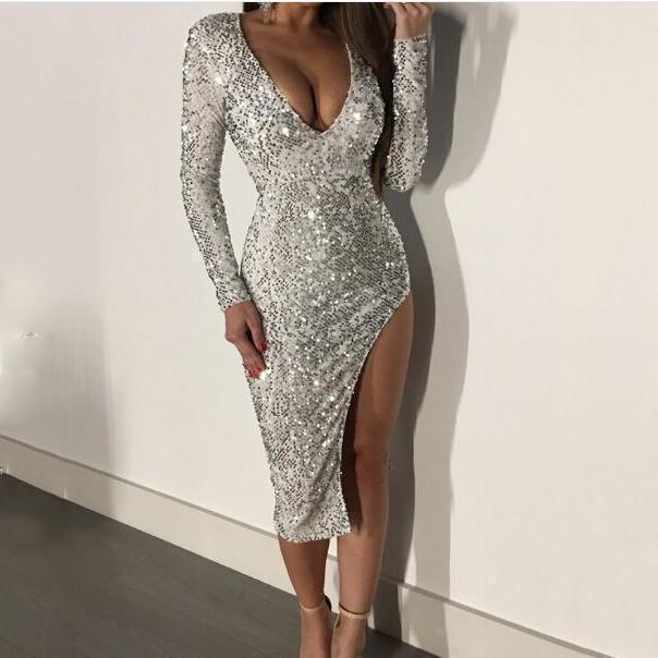 Fashion Sequins V Neck Slit Bodycon Dresses