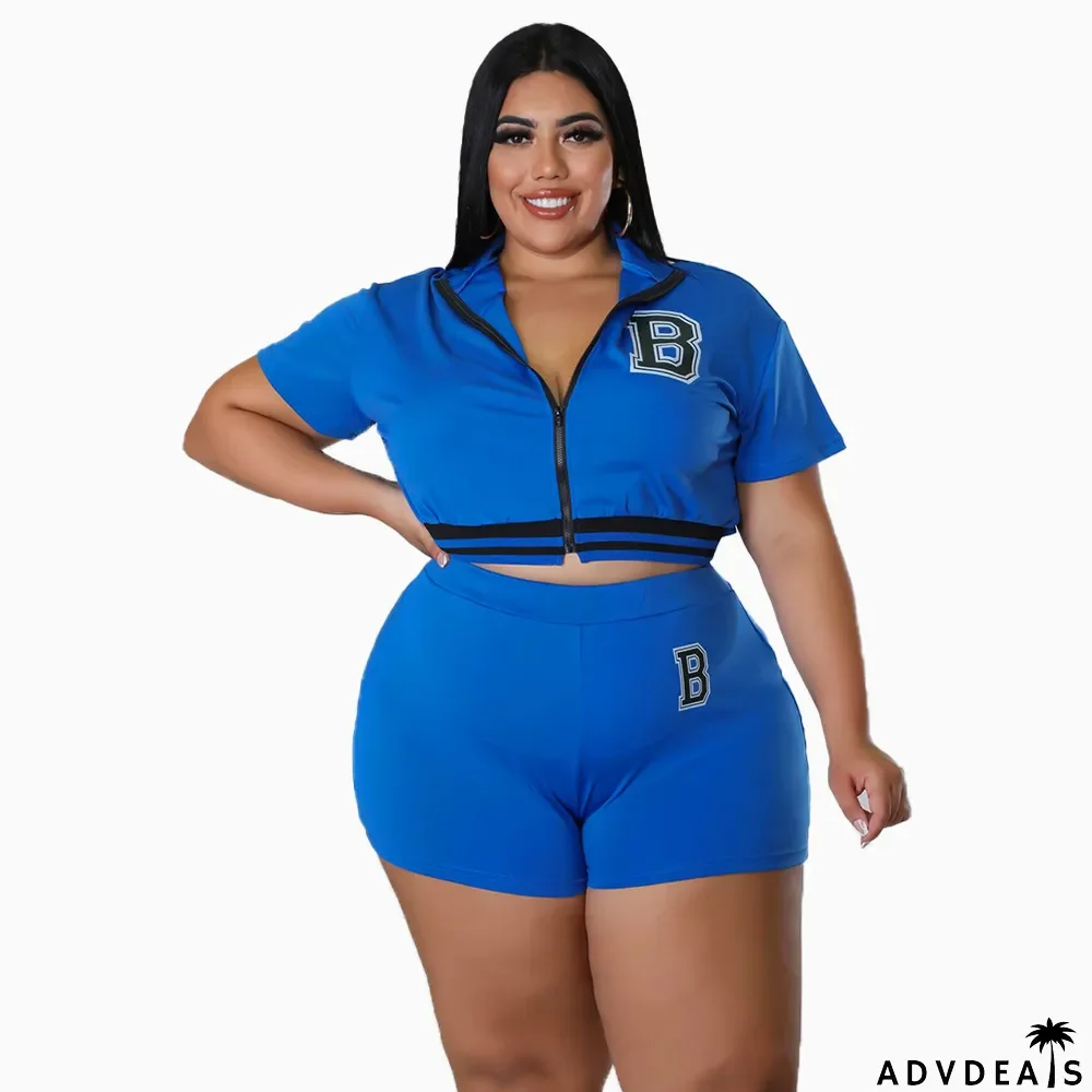 Plus Size Women Summer Zip Print Short Sleeve Top+ Shorts Casual Two-Piece Set