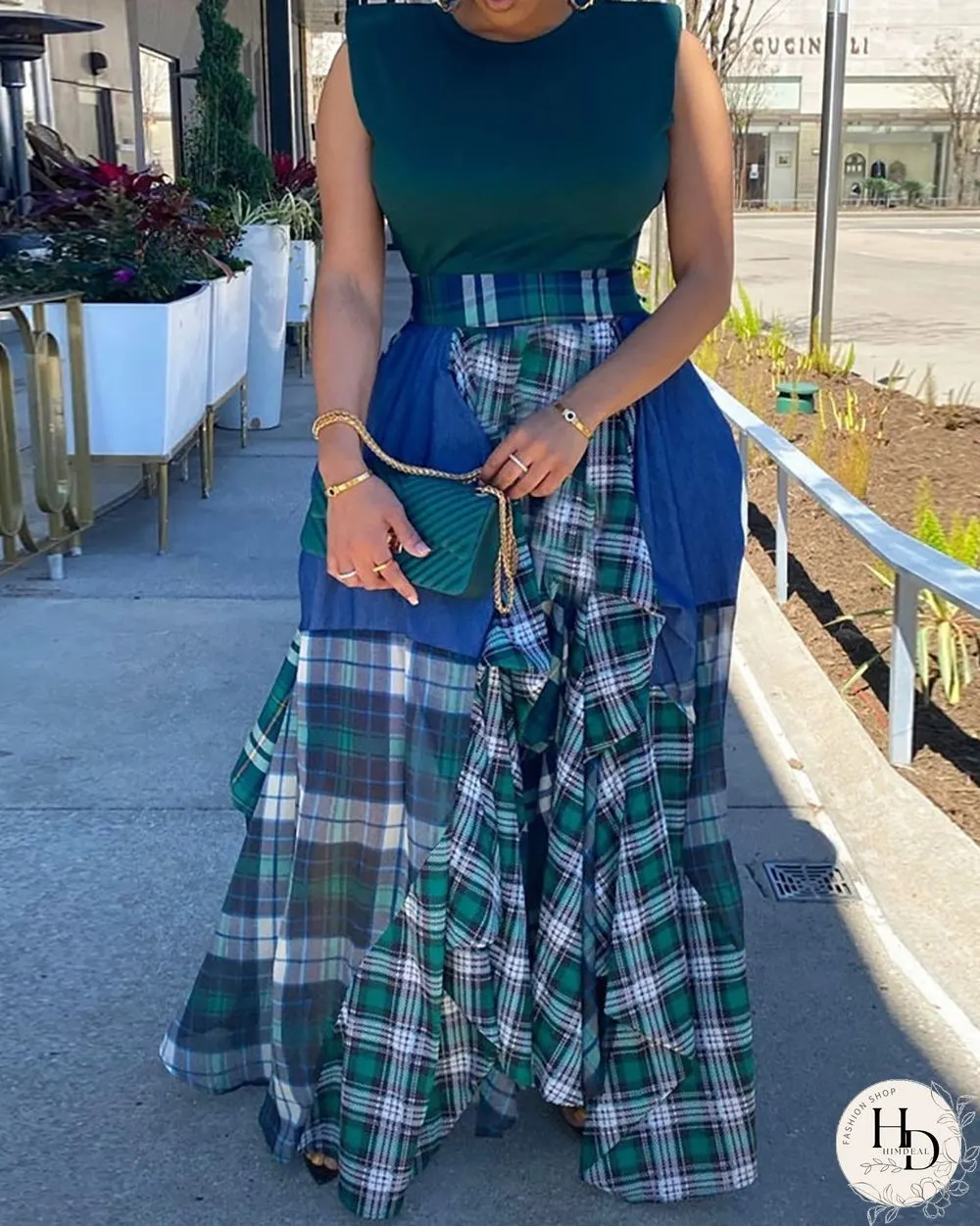 Plaid Colorblock Pleated Maxi Skirt