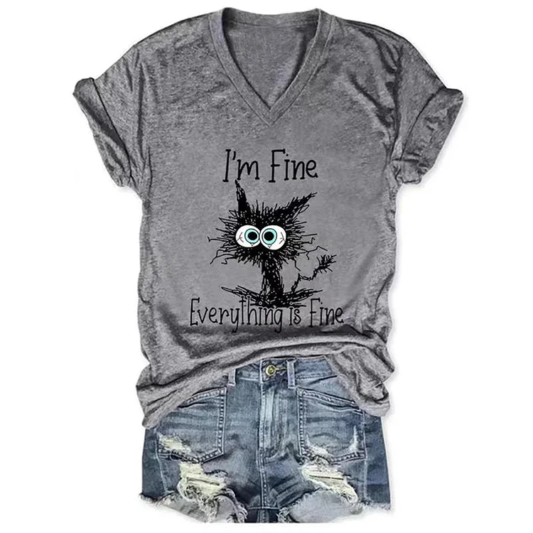 Black Cat Print Pullover Loose T-Shirt V Neck Ladies Top socialshop