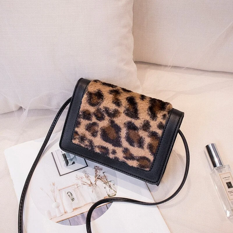 Women Leather Plush Splice Shoulder Bags Leopard Patchwork Crossbody Messenger Bag Hasp Small Square Bag Fashion Female Handbag