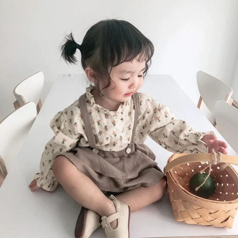 Baby Girl Clothes Spring Summer Linen Cotton Girls Floral Pullover Top Shirt Vintage Suspender Romper Dress Newborn Baby Outfits