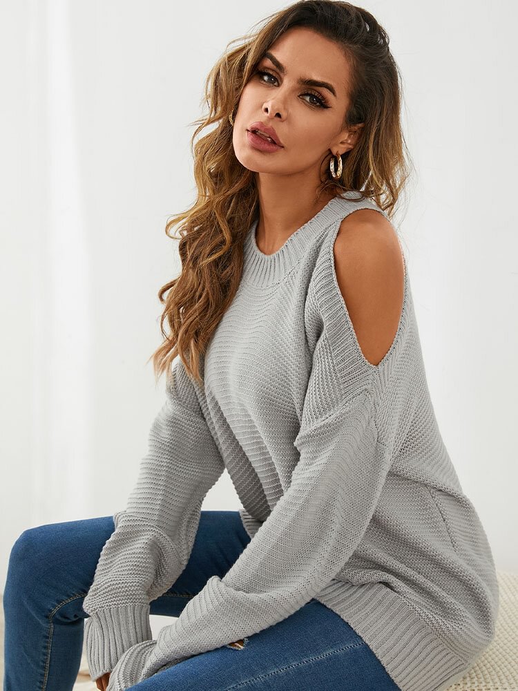 Solid Loose Off-shoulder Long Sleeve Sweater Women - Life is Beautiful for You - SheChoic