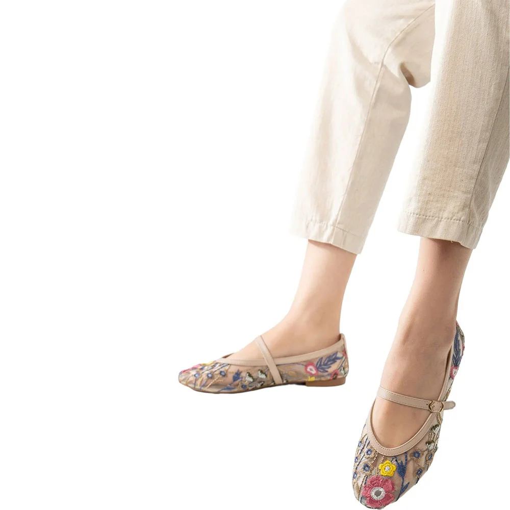 Women's Breathable Mesh Round Toe Beige Floral Mary Jane Flats