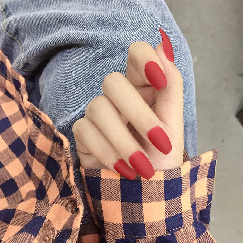 24Pcs Europe and the United State Beam ballerina fake press on nails Long Round Head Khaki matt fake nails with glue for girls-Nail Inspo