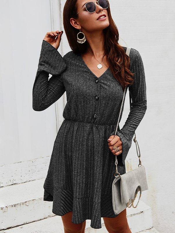 Women's Solid Color Button Retro Long Sleeve Dress-Mayoulove