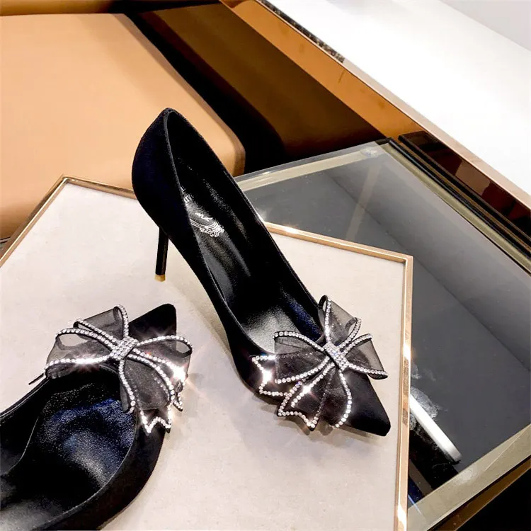 Breakj Breakj Drill Bow High Heels Summer Women's New Wedding Shoes Design French Famous Temperament Niche Pointed Single Shoes Sandals