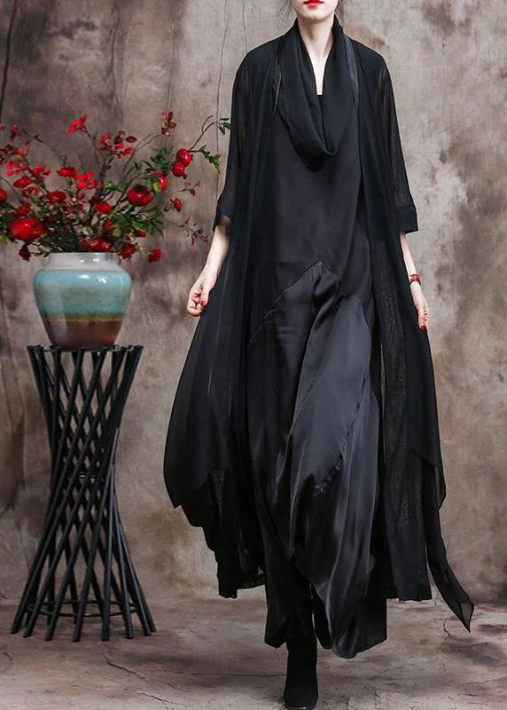 French Asymmetric Flowy Black Chiffon Cardigan Oversized Coats