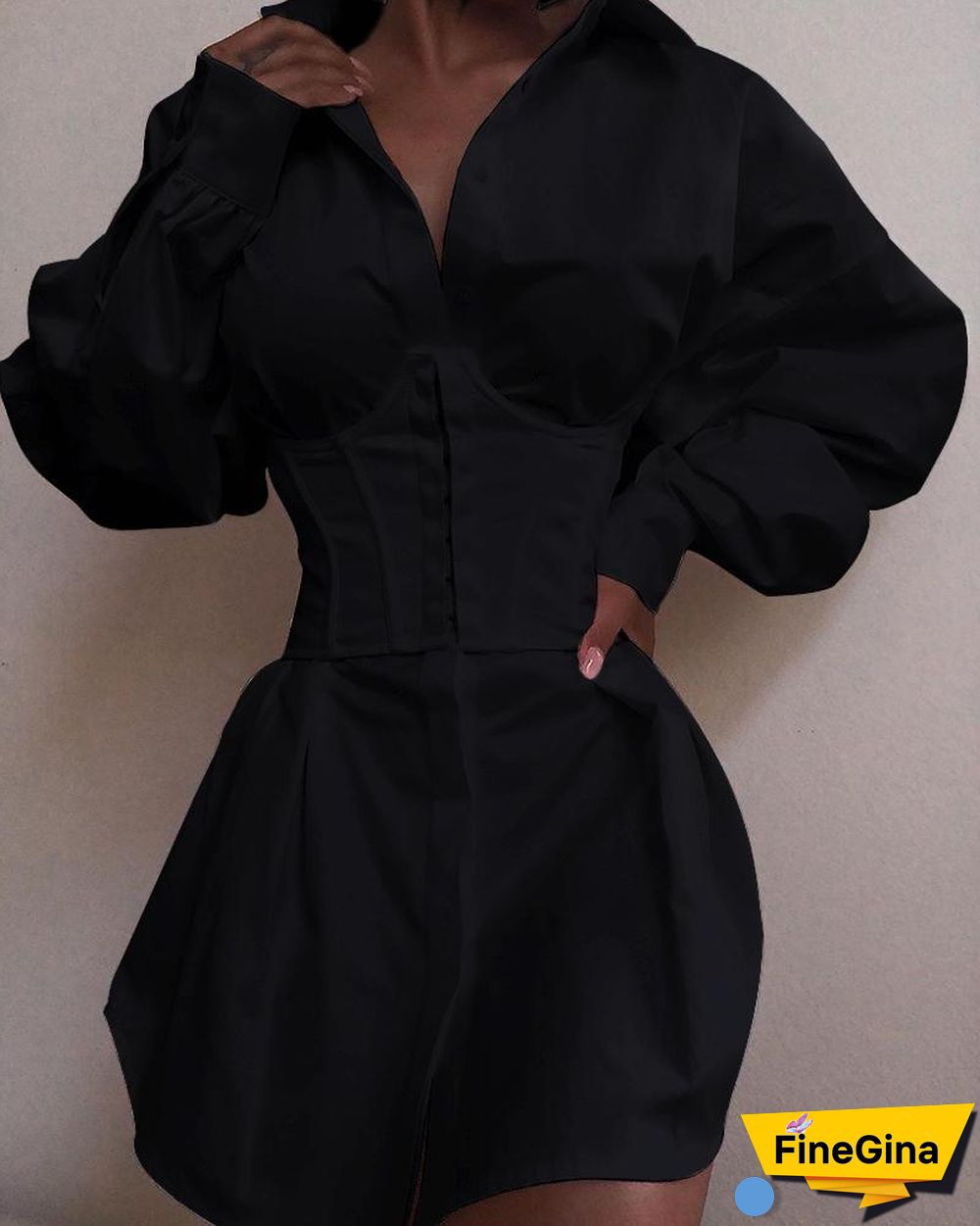 Solid Long Sleeve Tight Waist Buttoned Shirt Dress P15209