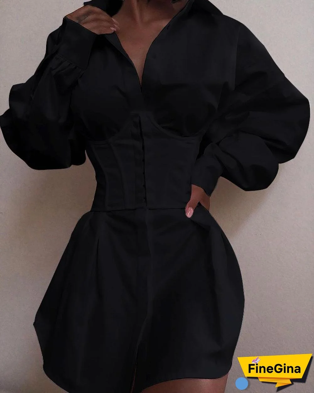 Solid Long Sleeve Tight Waist Buttoned Shirt Dress P15209