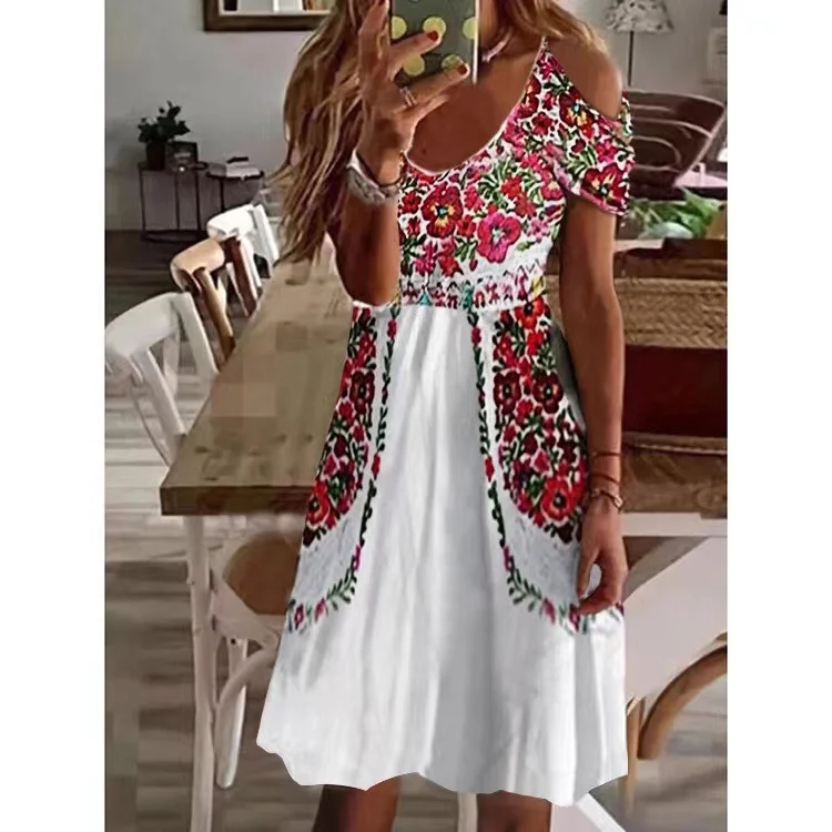 New Bohemian V-Neck Stitching Pleated Off-The-Shoulder Short Sleeve Dress for Women
