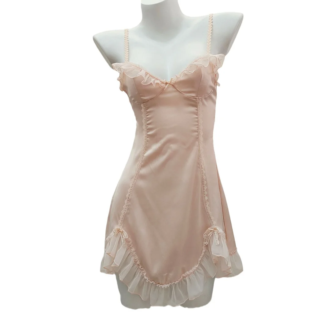 Nigikala Nigikala Ice Silk Pajamas Woman 2025 New Pure Wind Silk With Chest Pad Lace Sling Skirt Home Dress