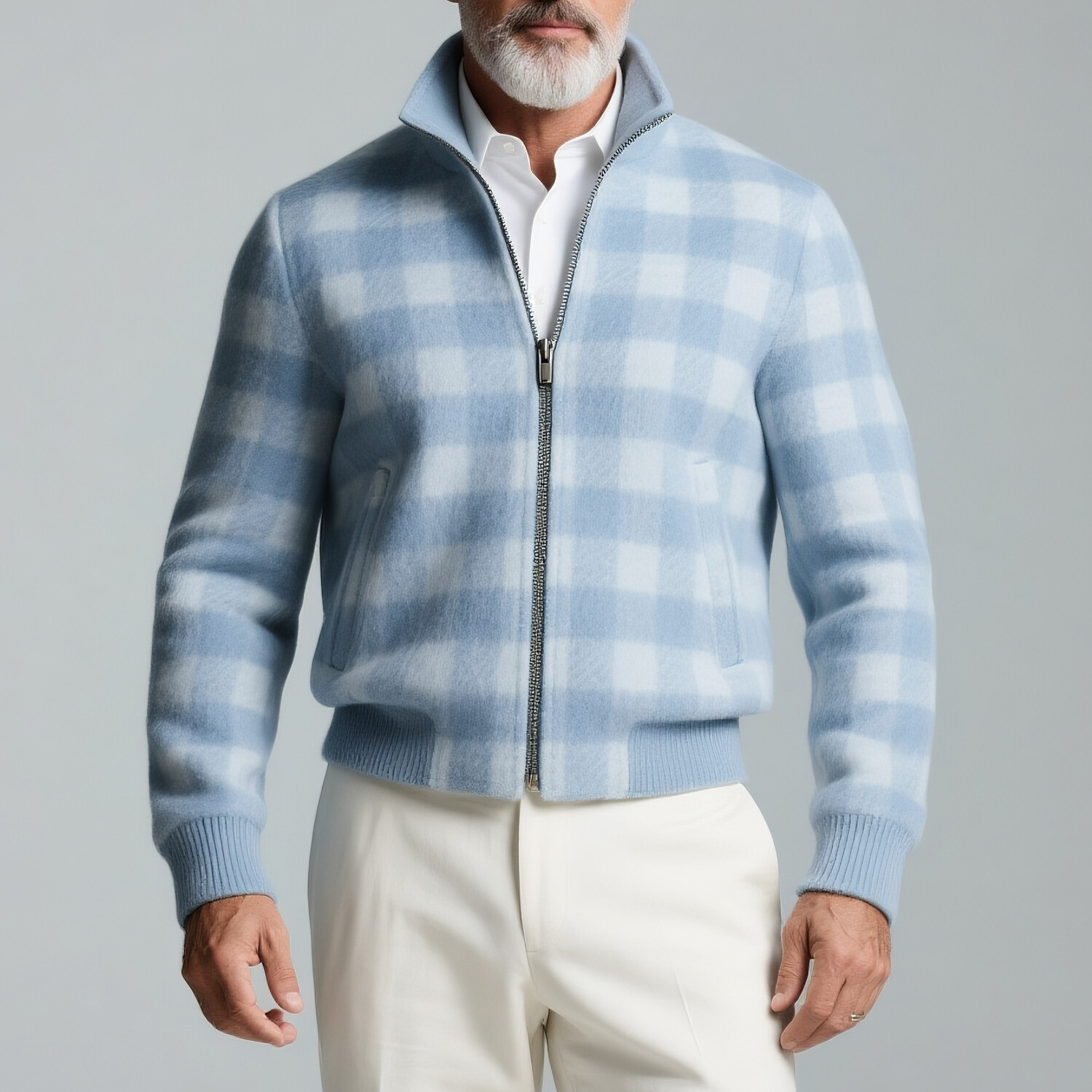 Men's Plaid Pattern Stand Collar Long Sleeve Pocket Zip Up Jacket