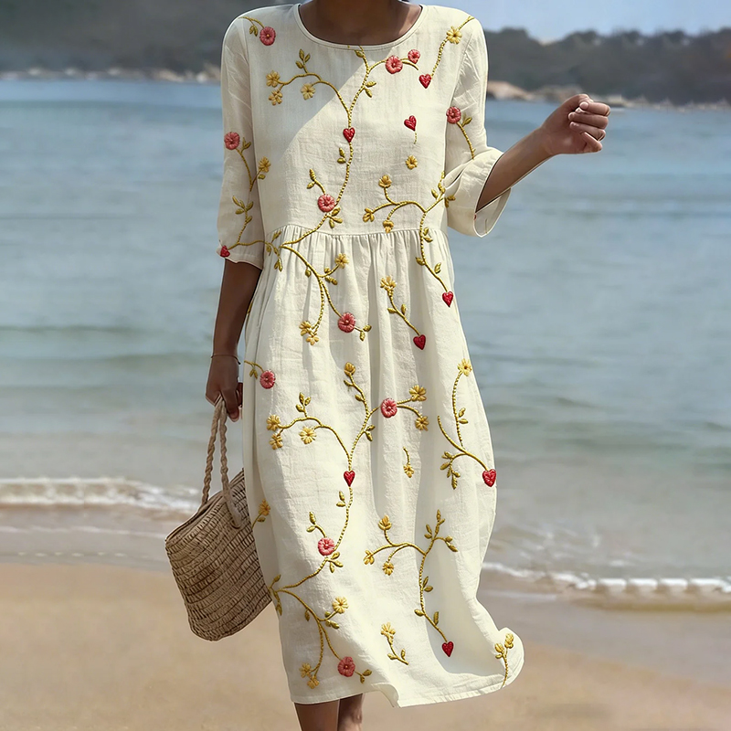 Comstylish Vintage Floral Art Pattern Linen Blend Loose Three-quarter Sleeve Dress