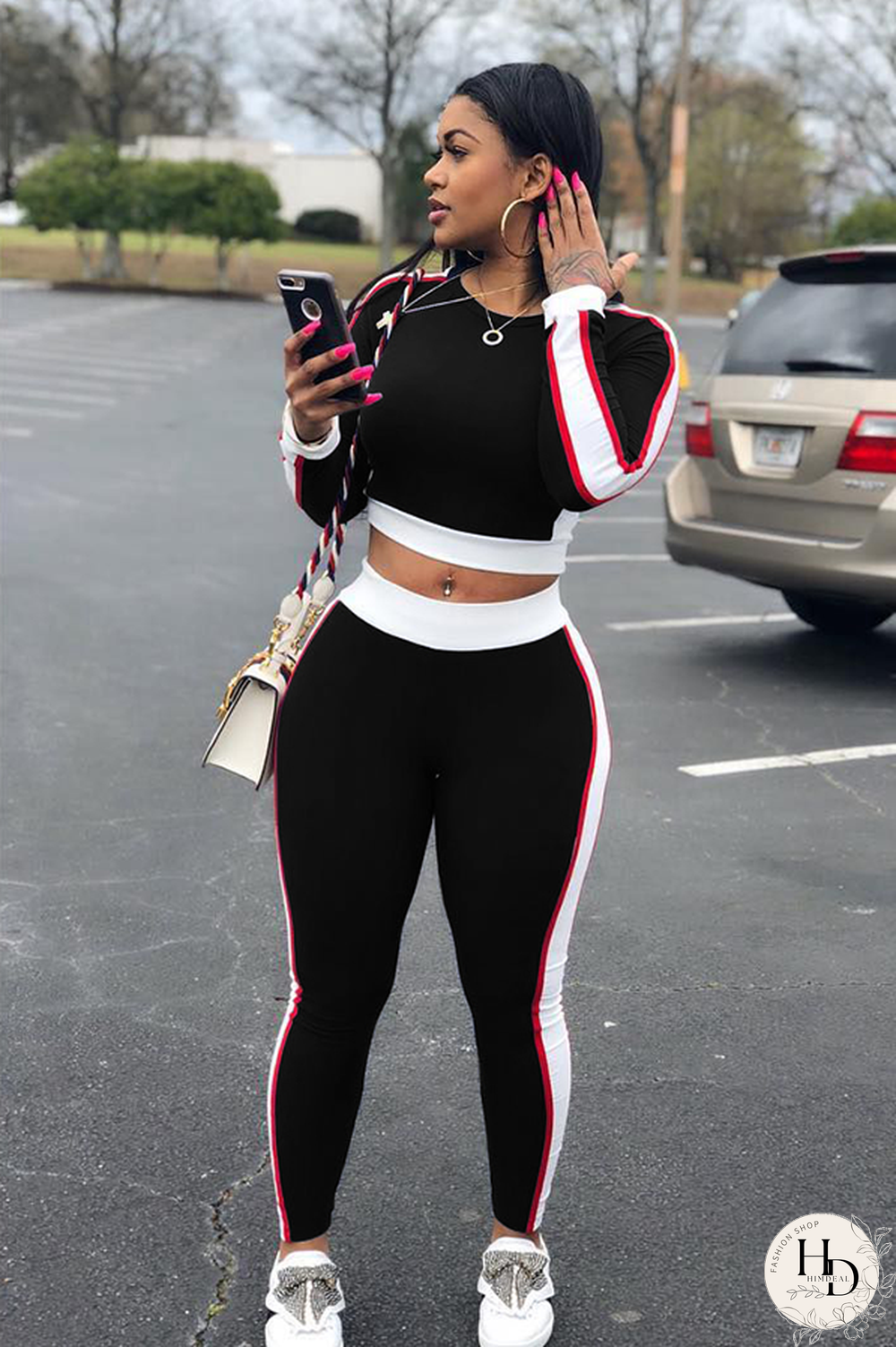 Navy Blue Elastic Fly Long Sleeve Mid Patchwork pencil Pants Two-piece suit