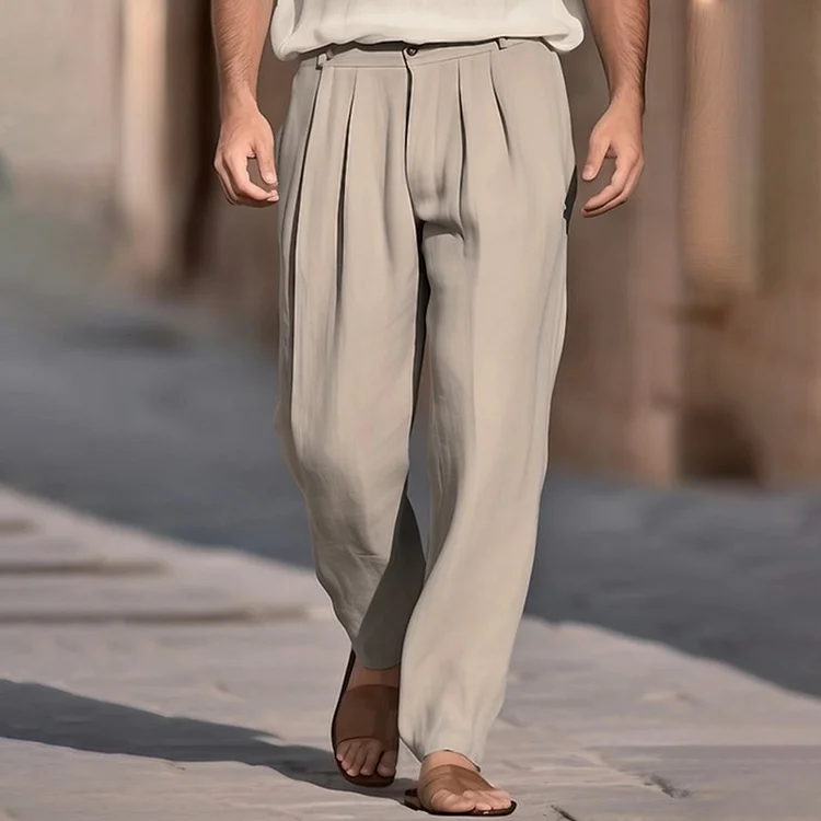Men's Daily Linen Pleated Staight Leg Solid Pants