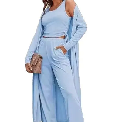Women's 3 Piece Loungewear Set, Crop Cami Top + Wide Leg Pants + Long Cardigan