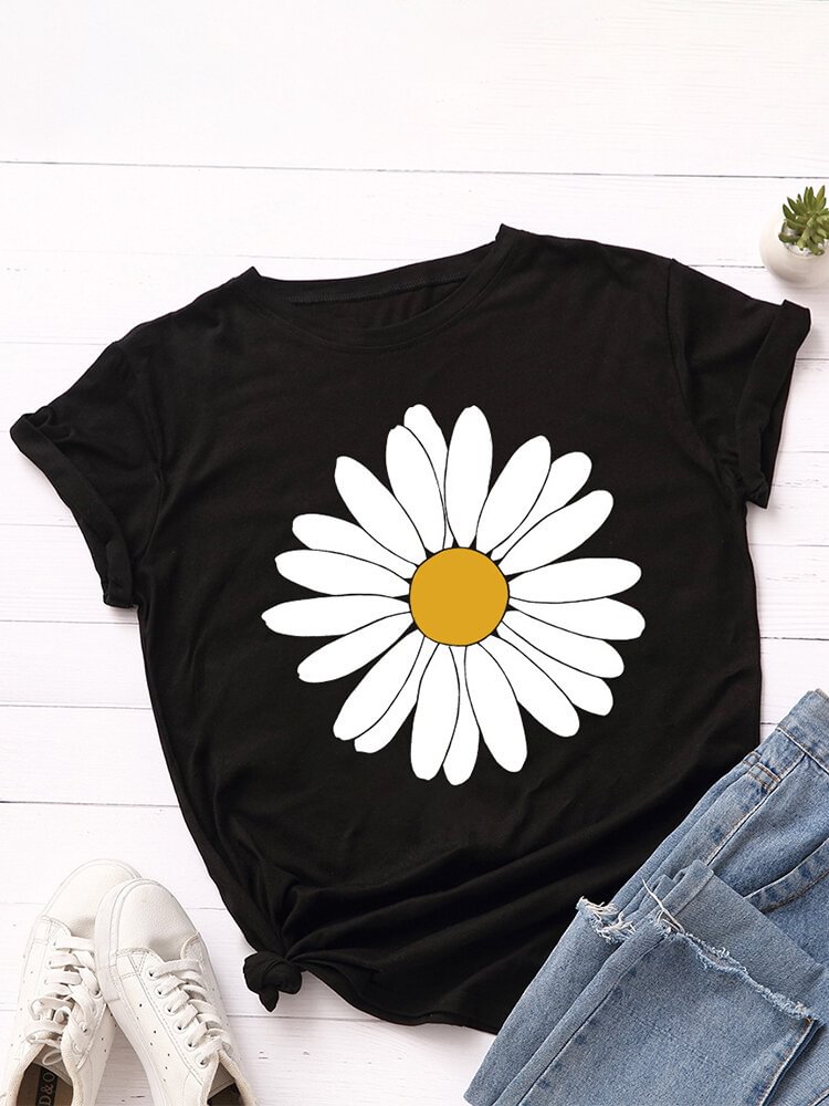 Daisy Floral Print O neck Short Sleeve T shirt For Women P1799623