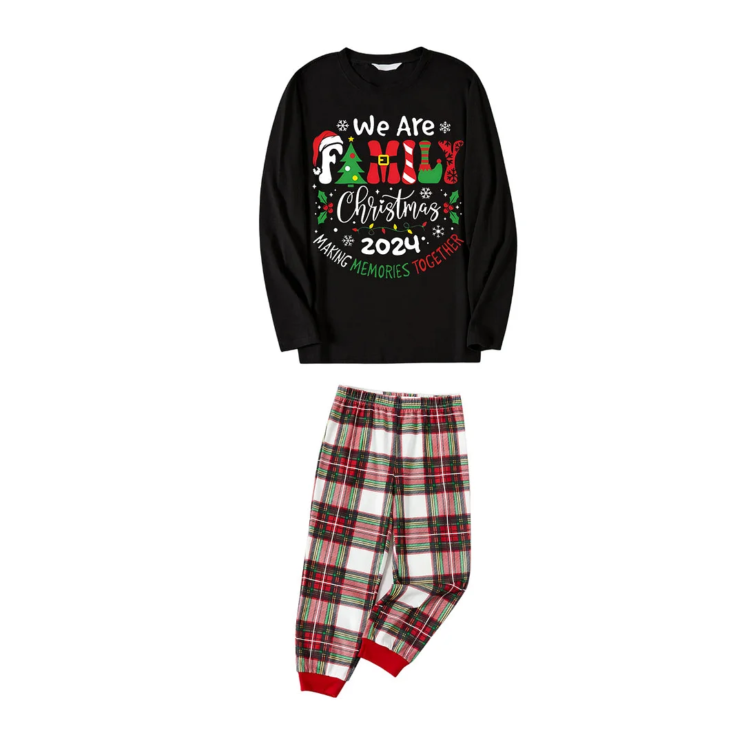 "We are Family" 2024 Christmas Wreath - Black Top with Red & White & Green Plaid Pants Family Matching Pajamas