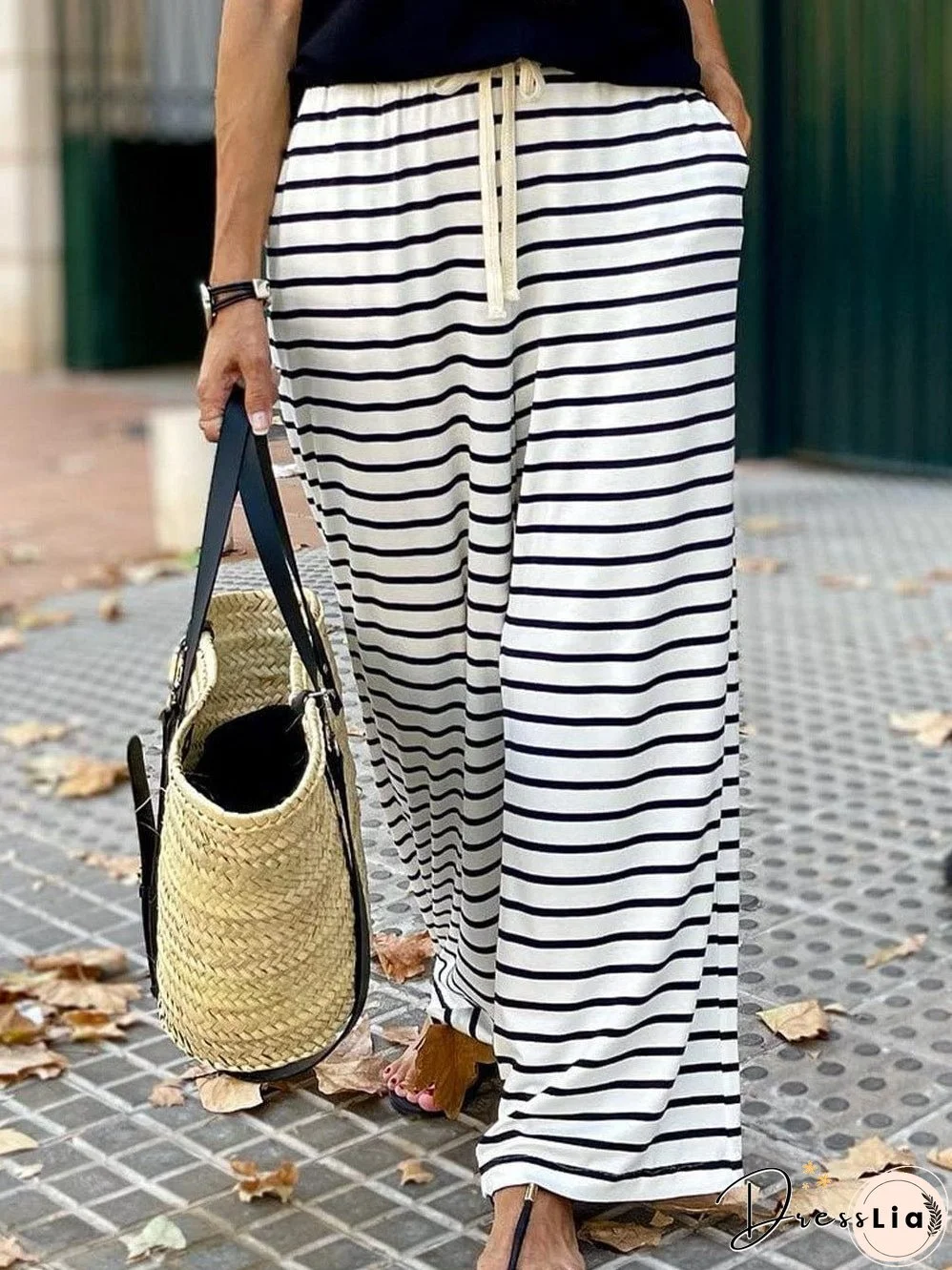 Striped White Wide Leg Drawstring Trousers