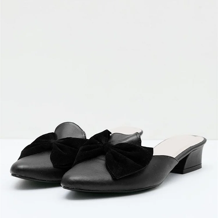 Black Almond Toe Block Heel Mules Shoes with Bow |FSJ Shoes